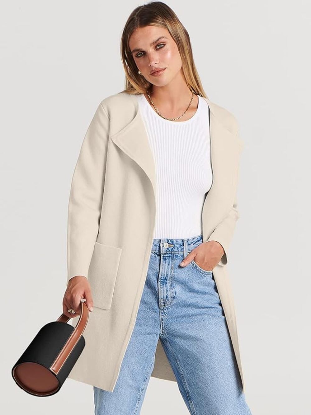 Anrabess Coatigan Cardigan Open Front Knit Longline Knit Large